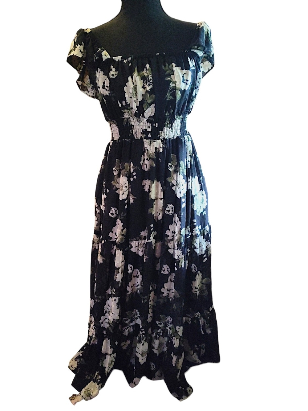 NWT Rewind Black Floral Maxi Dress with Smocked Waist and Flutter Sleeves